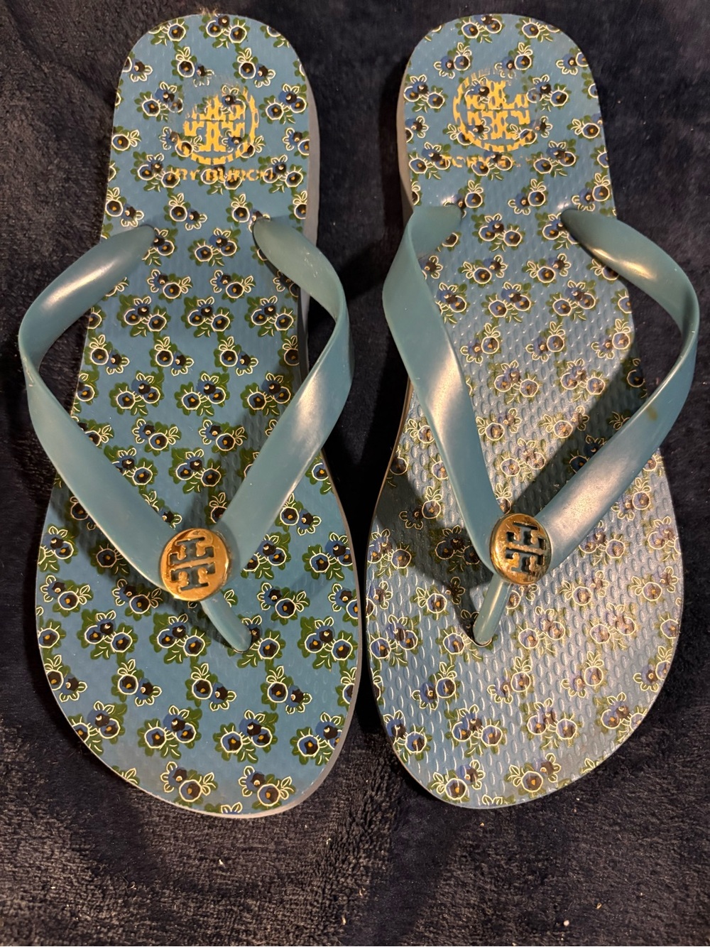 Tory Burch Teal Floral Jelly Flip Flops with Gold Logo